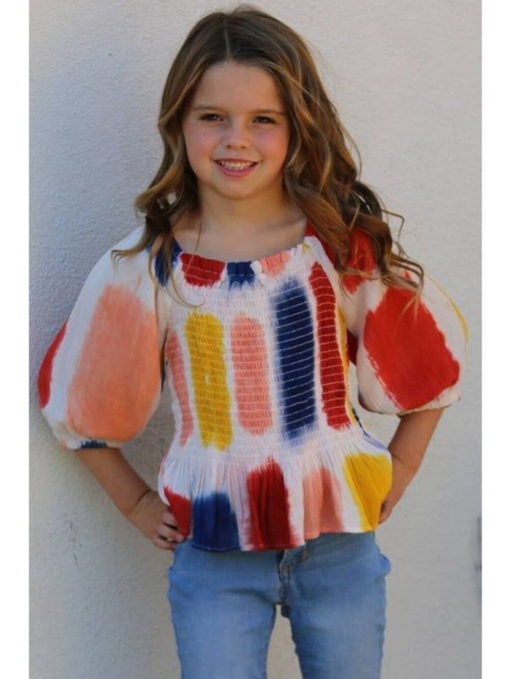 Angie Girls Smocked Off-Shoulder Top Multicolor Tie-Dye Puff Sleeves Size M